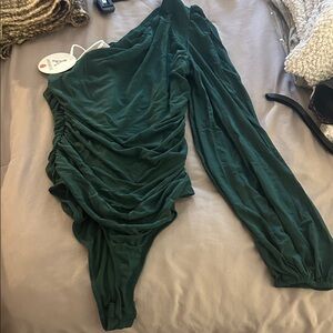 Green Ruched One-Shoulder Jumpsuit